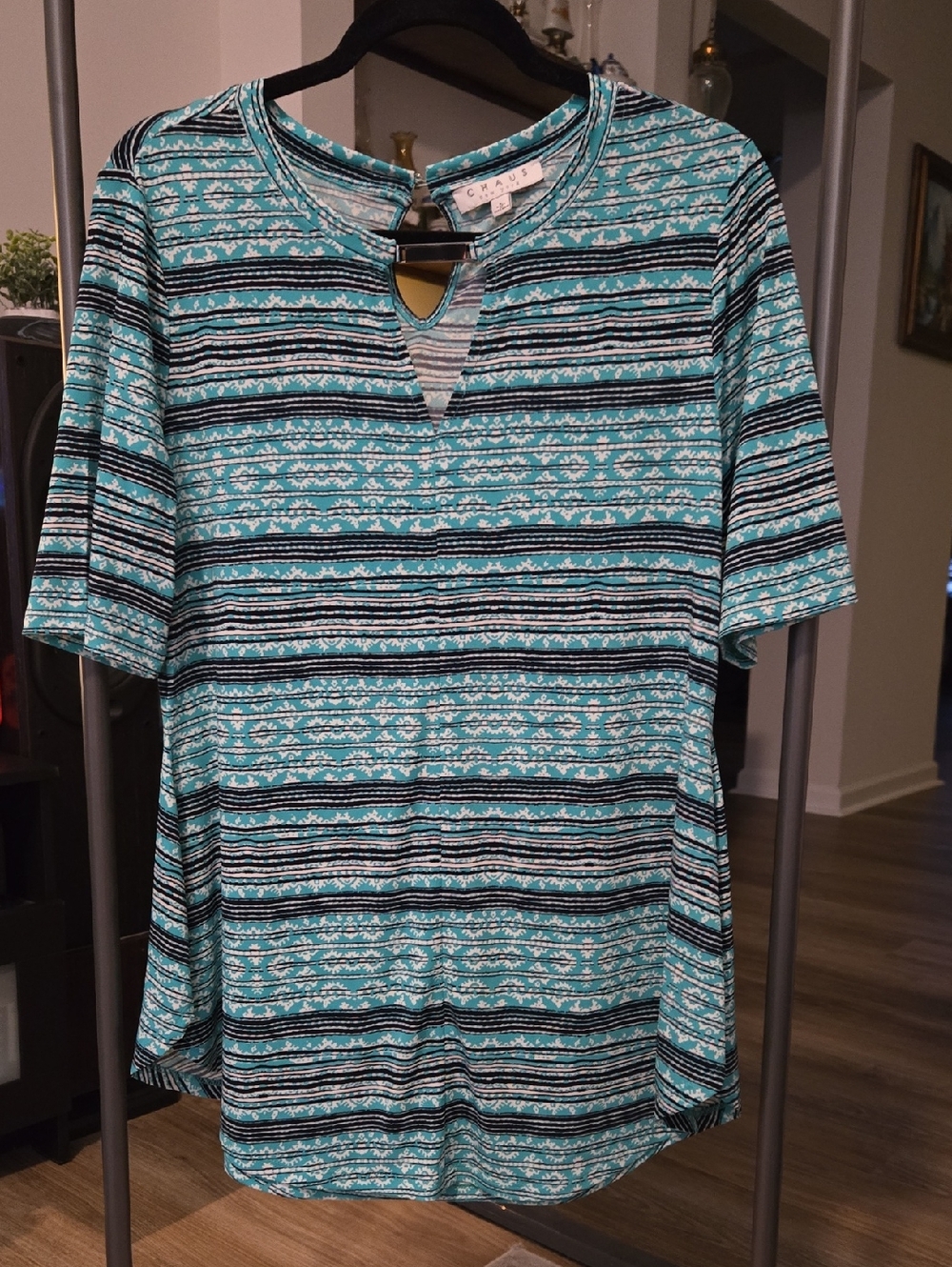 Chaus Teal and Black Striped Tunic Shirt